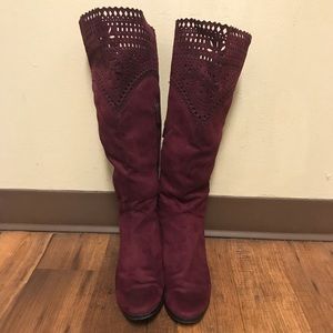 Purple knee high boots